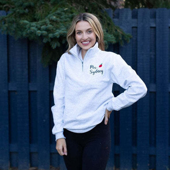 Personalized Teacher Quarter Zip Sweatshirt | Teacher Name and Apple Zip Pullover-ilovevango