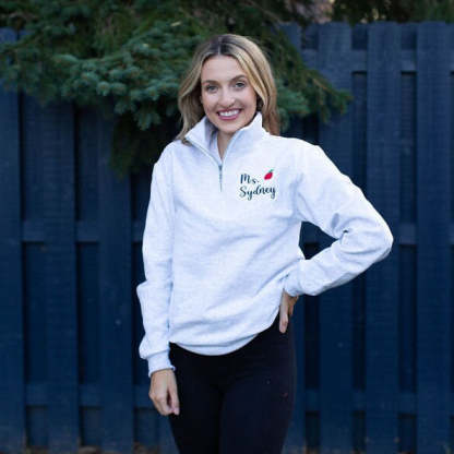 Personalized Teacher Quarter Zip Sweatshirt | Teacher Name and Apple Zip Pullover-ilovevango