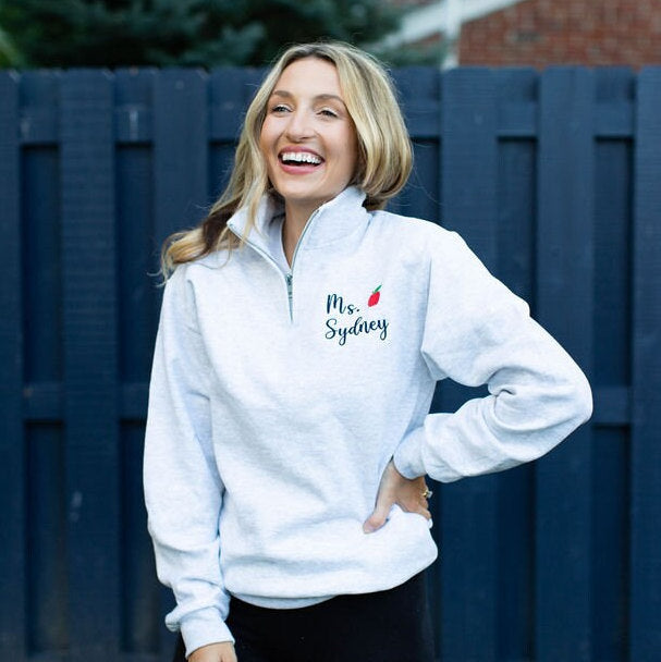 Personalized Teacher Quarter Zip Sweatshirt | Teacher Name and Apple Zip Pullover-ilovevango