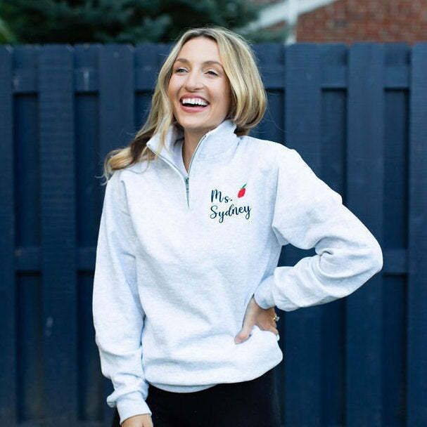 Personalized Teacher Quarter Zip Sweatshirt | Teacher Name and Apple Zip Pullover-ilovevango