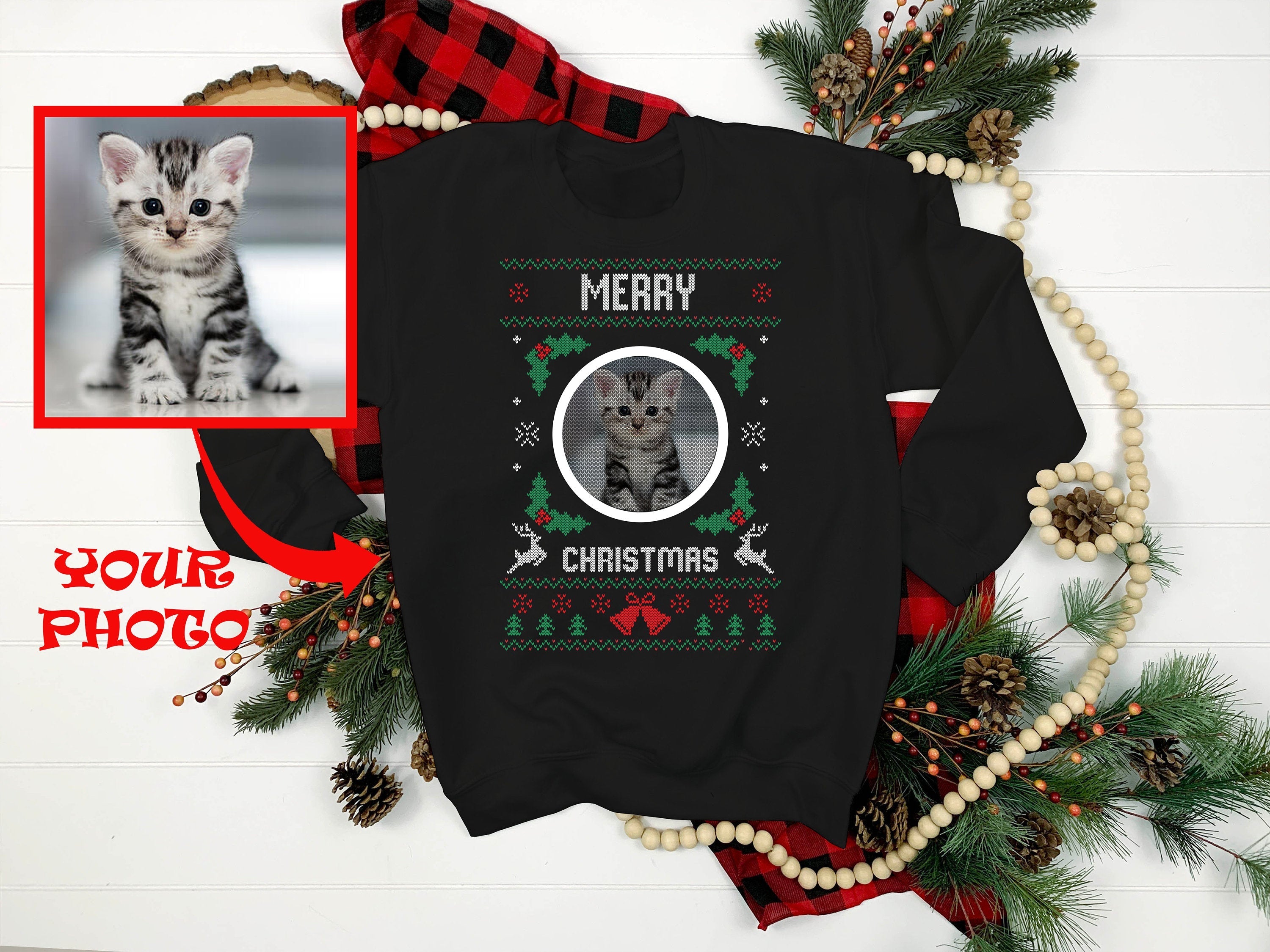 Custom Ugly Christmas Sweater Add Your Dog Photo Ugly Xmas Sweater Dog Lover Sweatshirt