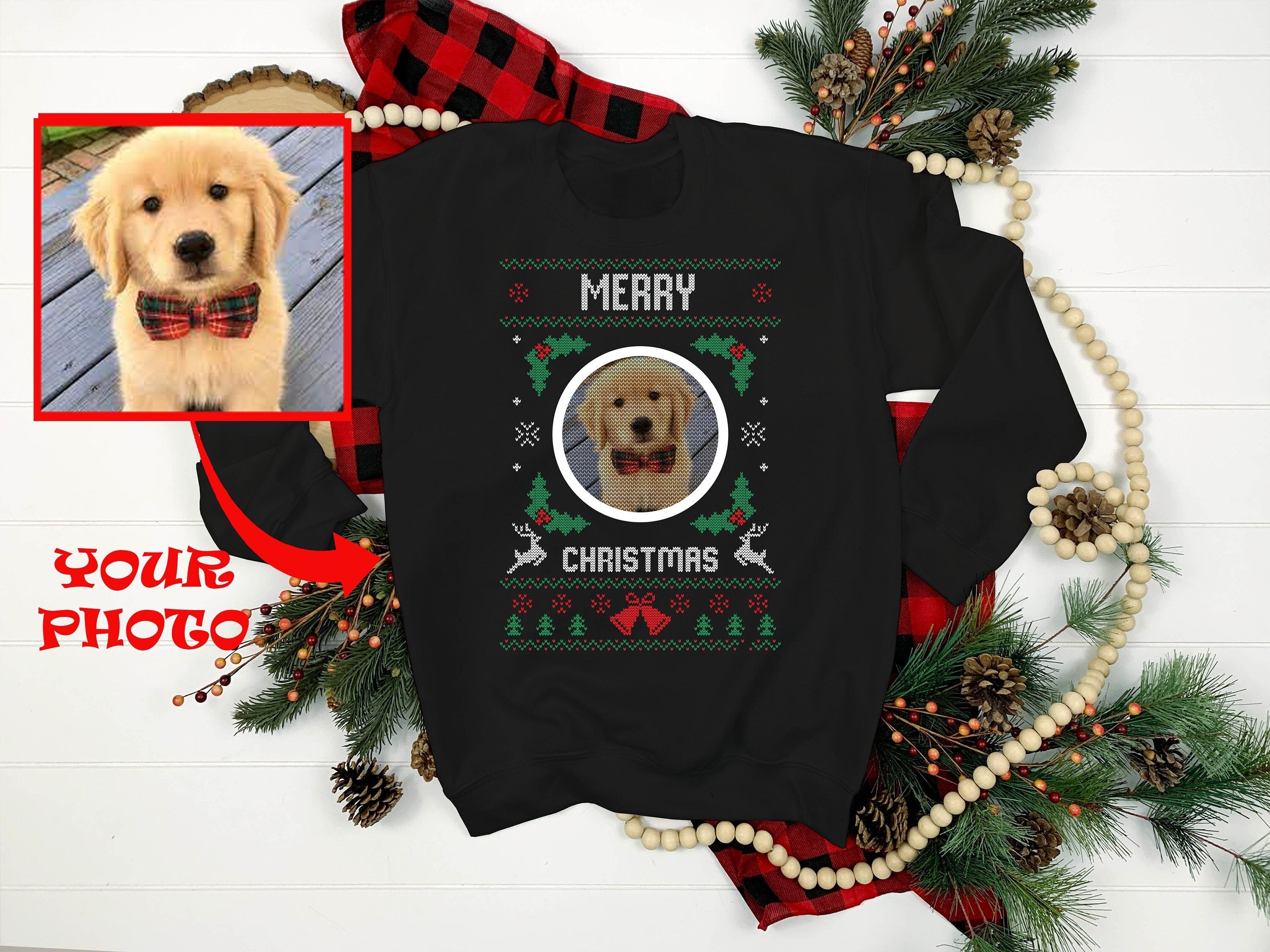 Custom Ugly Christmas Sweater Add Your Dog Photo Ugly Xmas Sweater Dog Lover Sweatshirt