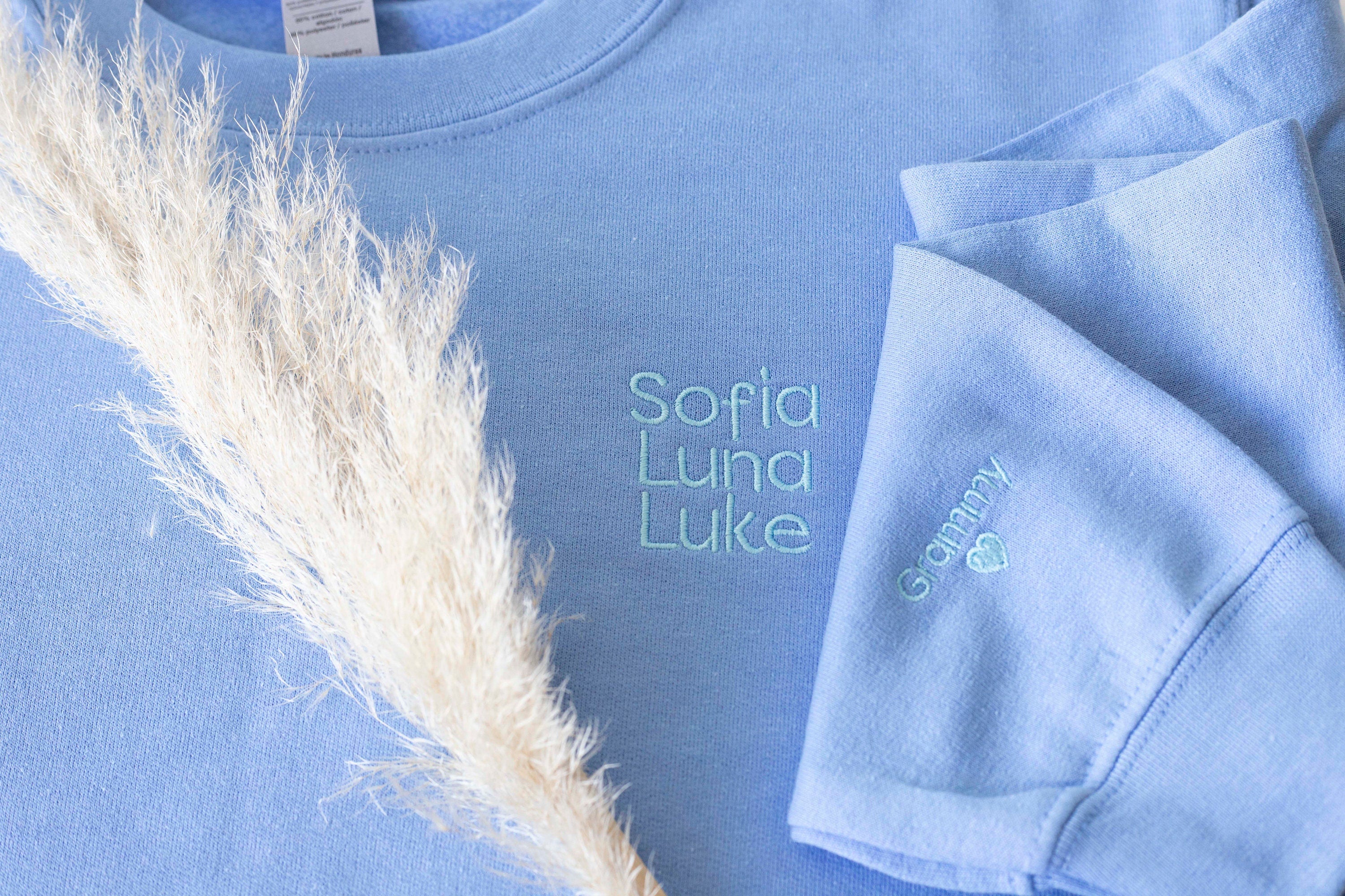 Custom Pocket and Sleeve Embroidered Sweatshirt, Embroidered Mom Grandmother Sweatshirt with Kids Names Kids Names, Personalized Embroidered-ilovevango