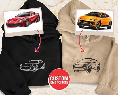 Custom Car Portrait from Photo Embroidered Hoodie, Personalised Car Drawing Sweater, Line Art Outline Car Gift Hoodie, Gift for Boyfriend-ilovevango