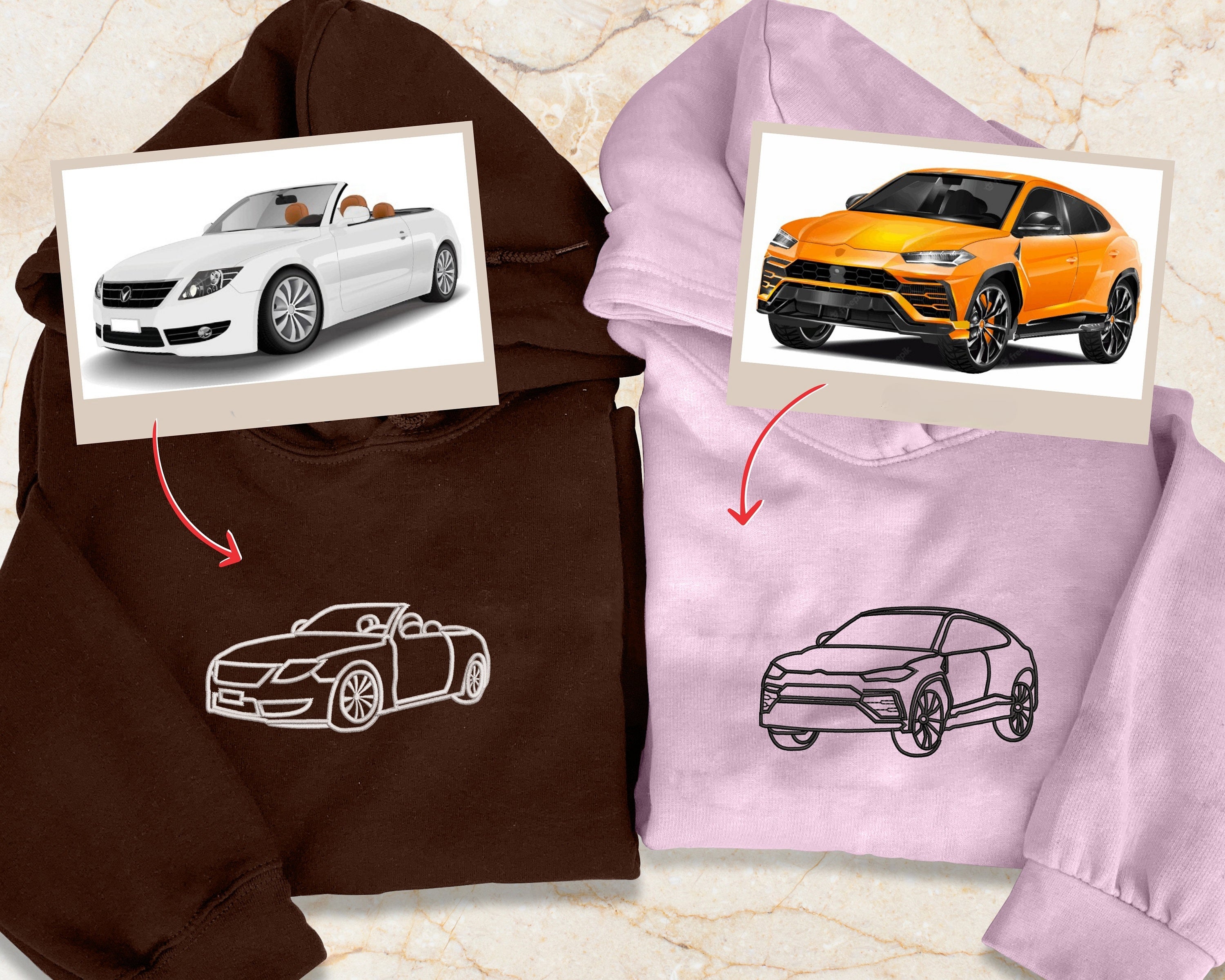 Custom Car Portrait from Photo Embroidered Hoodie, Personalised Car Drawing Sweater, Line Art Outline Car Gift Hoodie, Gift for Boyfriend-ilovevango