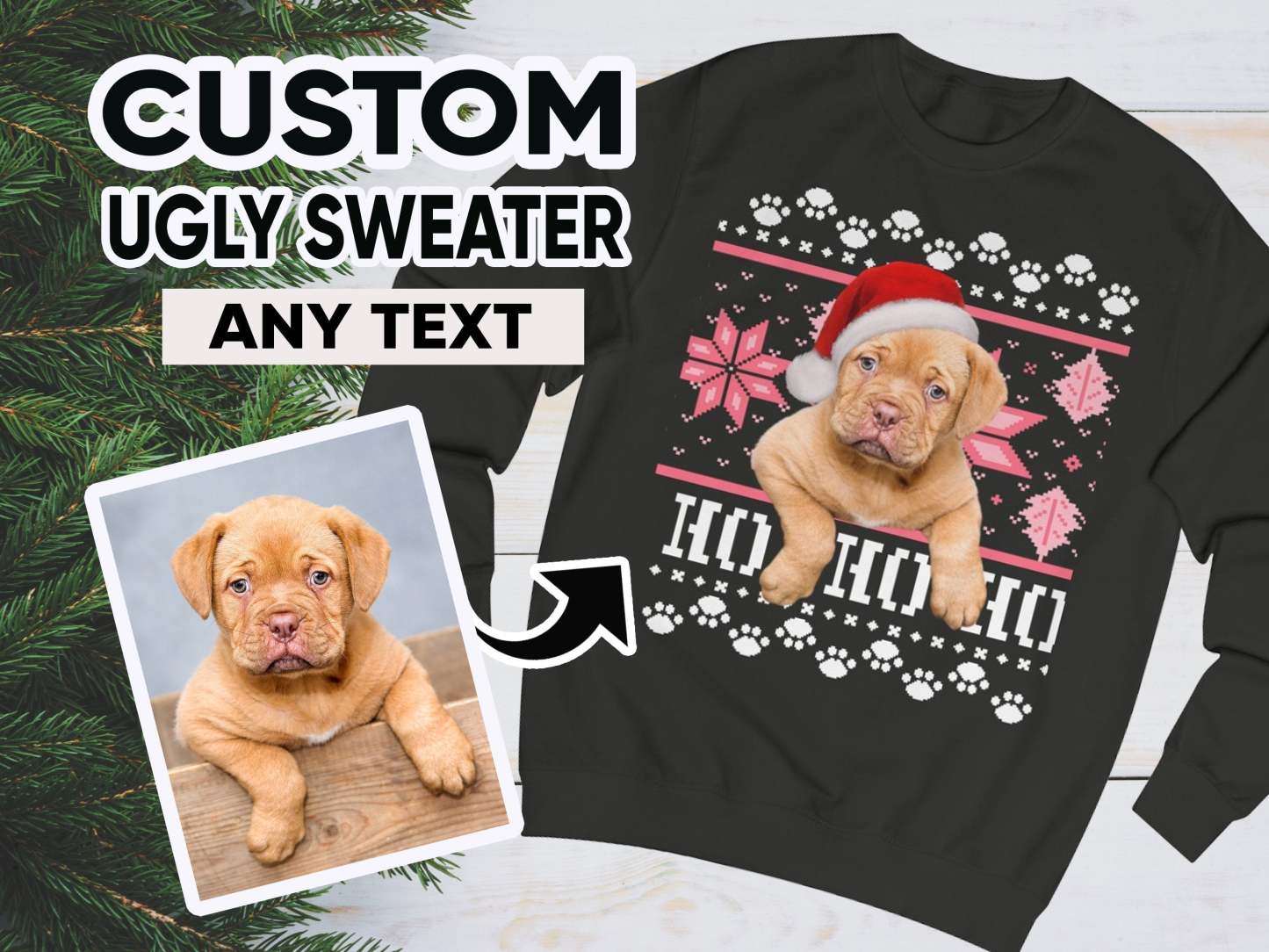 Ugly Christmas Sweatshirt, Custom Dog Ugly Sweater for Christmas, Santa Dog on Christmas Sweater, Personalised Face Pullover, Santa Hat Dog-ilovevango