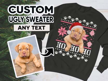 Ugly Christmas Sweatshirt, Custom Dog Ugly Sweater for Christmas, Santa Dog on Christmas Sweater, Personalised Face Pullover, Santa Hat Dog-ilovevango