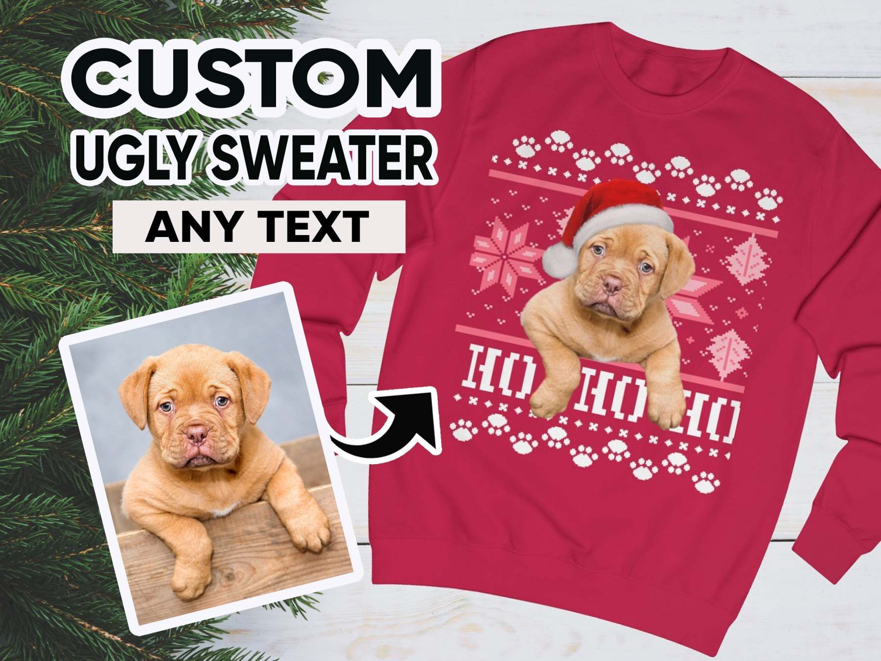 Ugly Christmas Sweatshirt, Custom Dog Ugly Sweater for Christmas, Santa Dog on Christmas Sweater, Personalised Face Pullover, Santa Hat Dog-ilovevango