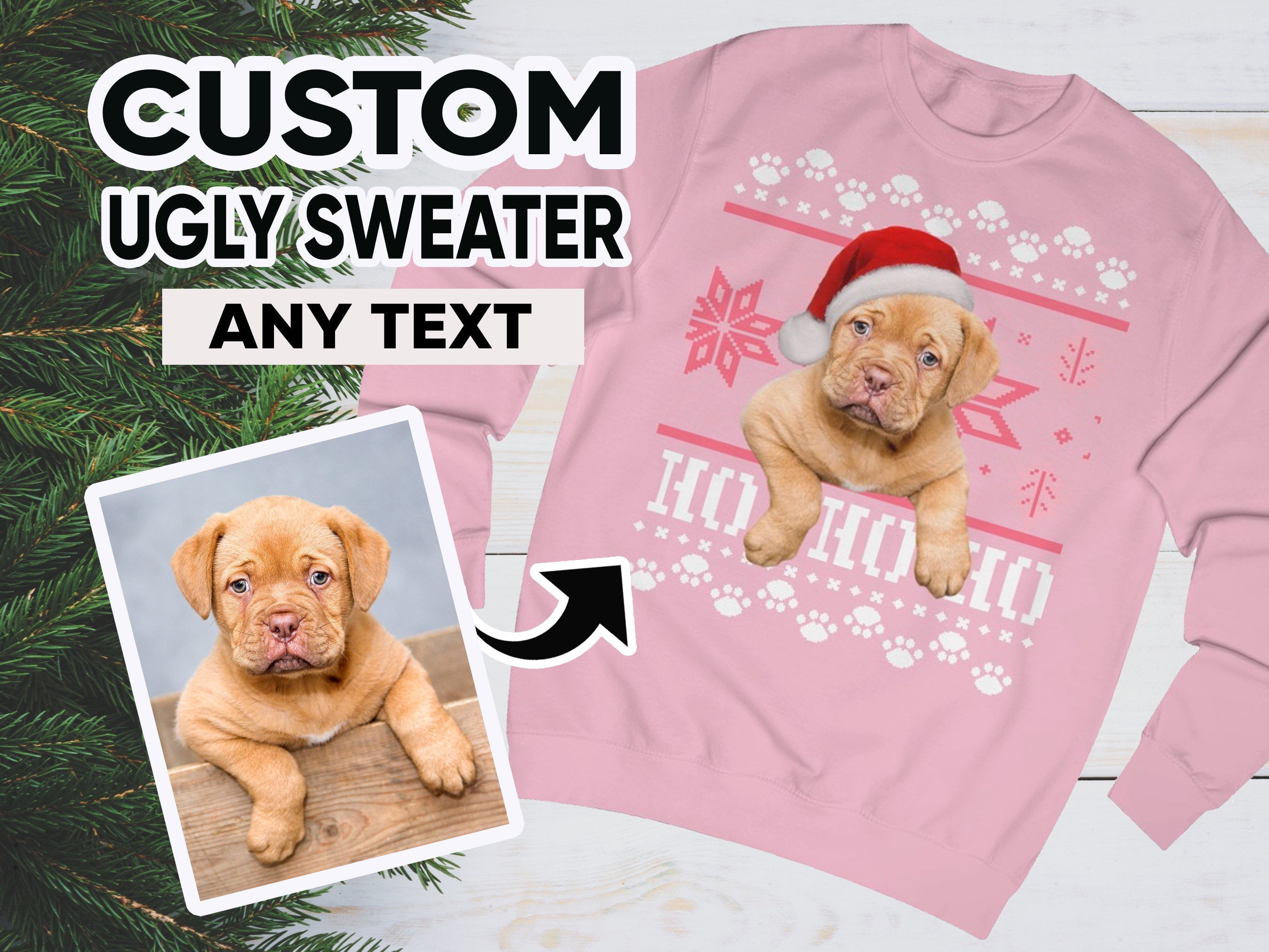 Ugly Christmas Sweatshirt, Custom Dog Ugly Sweater for Christmas, Santa Dog on Christmas Sweater, Personalised Face Pullover, Santa Hat Dog-ilovevango