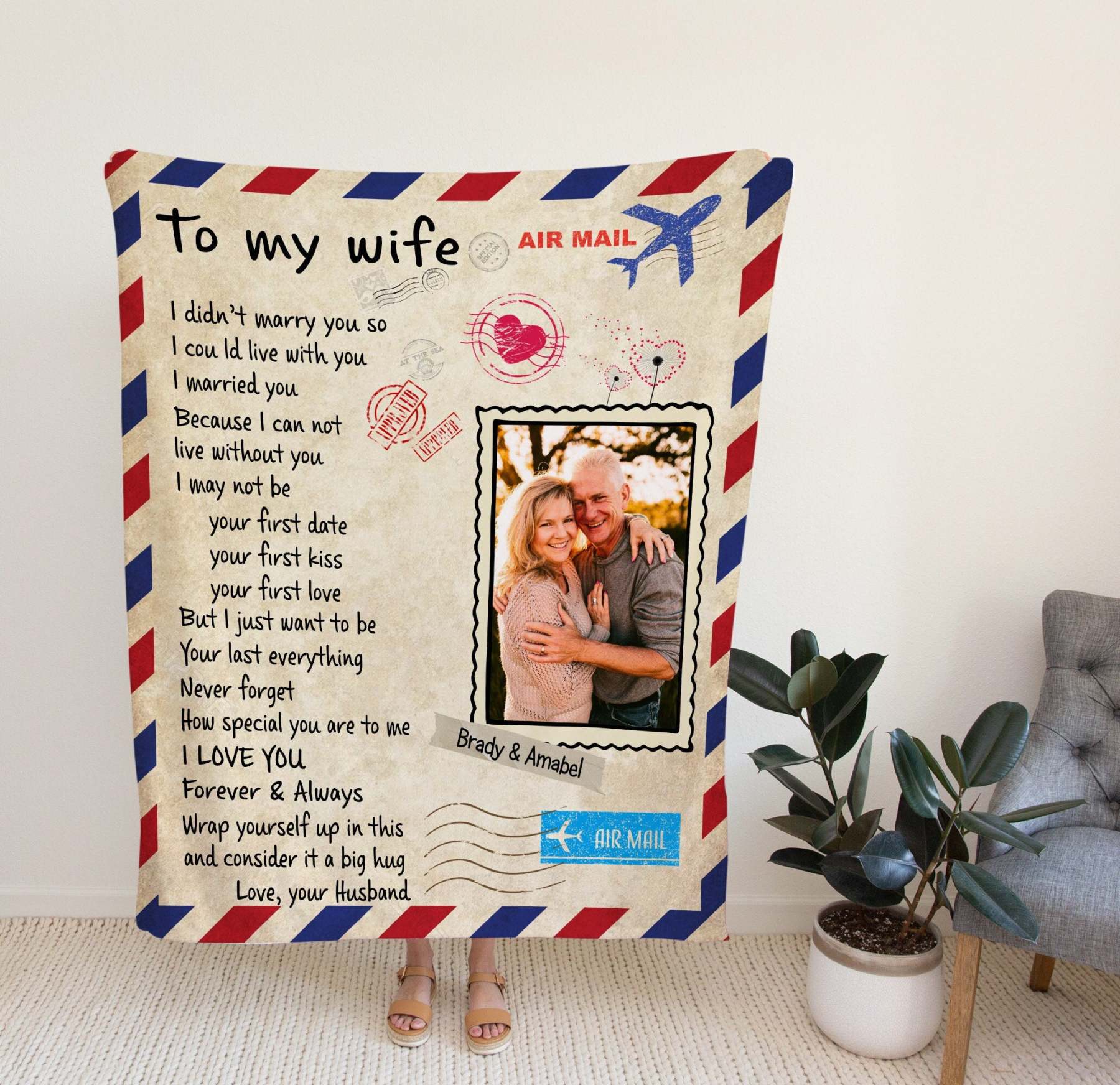 Custom Blanket Air Mail Letter To My Wife With Photo, My Love From Husband, Gifts For Wife-ilovevango