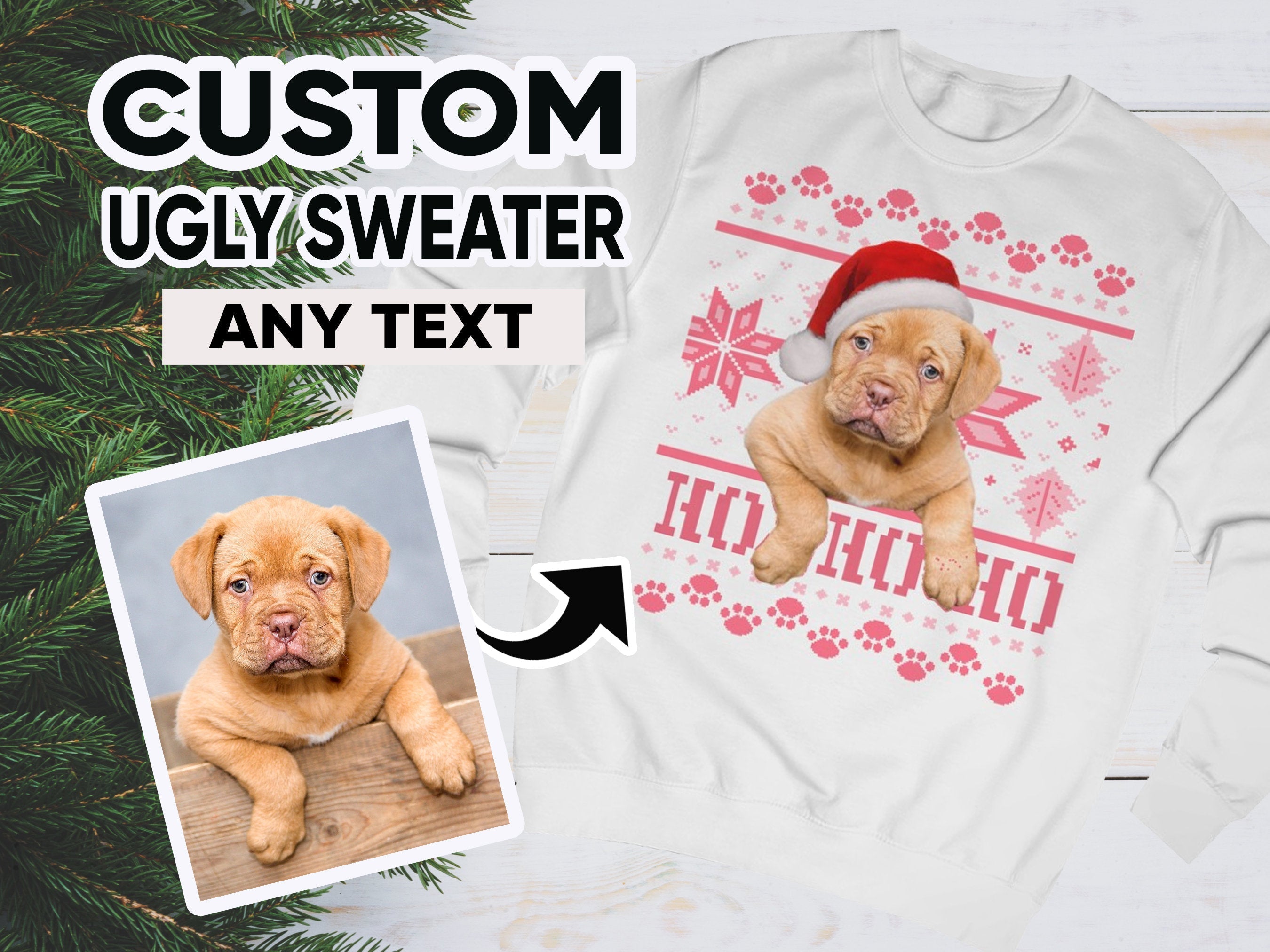Ugly Christmas Sweatshirt, Custom Dog Ugly Sweater for Christmas, Santa Dog on Christmas Sweater, Personalised Face Pullover, Santa Hat Dog-ilovevango