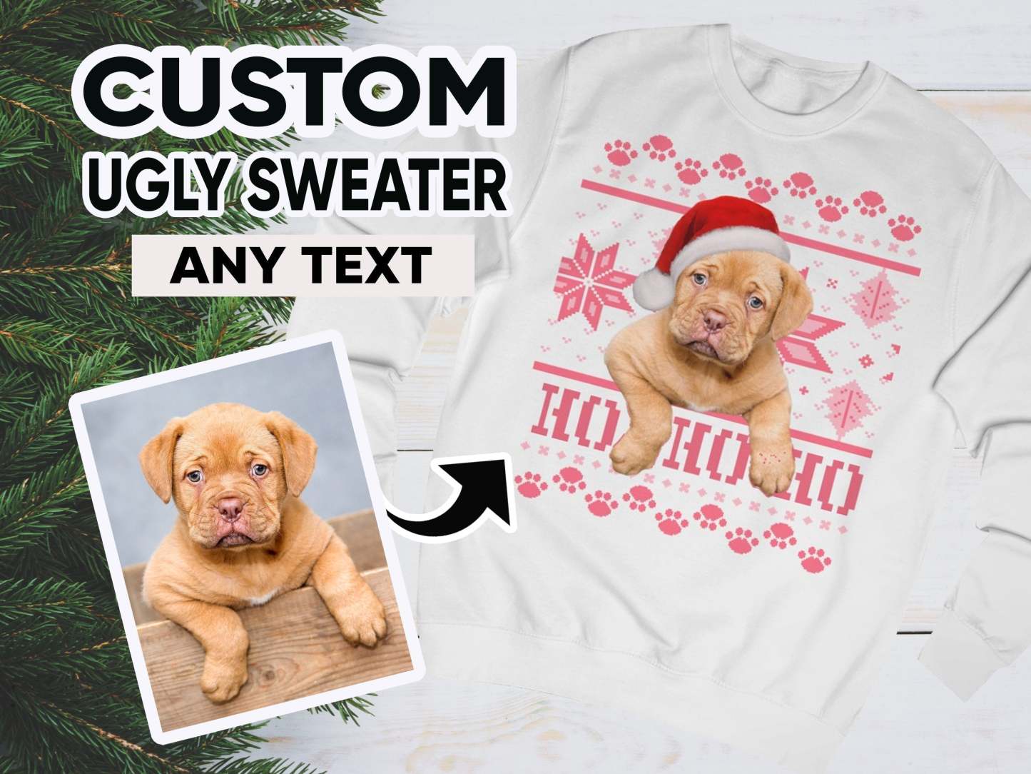 Ugly Christmas Sweatshirt, Custom Dog Ugly Sweater for Christmas, Santa Dog on Christmas Sweater, Personalised Face Pullover, Santa Hat Dog-ilovevango