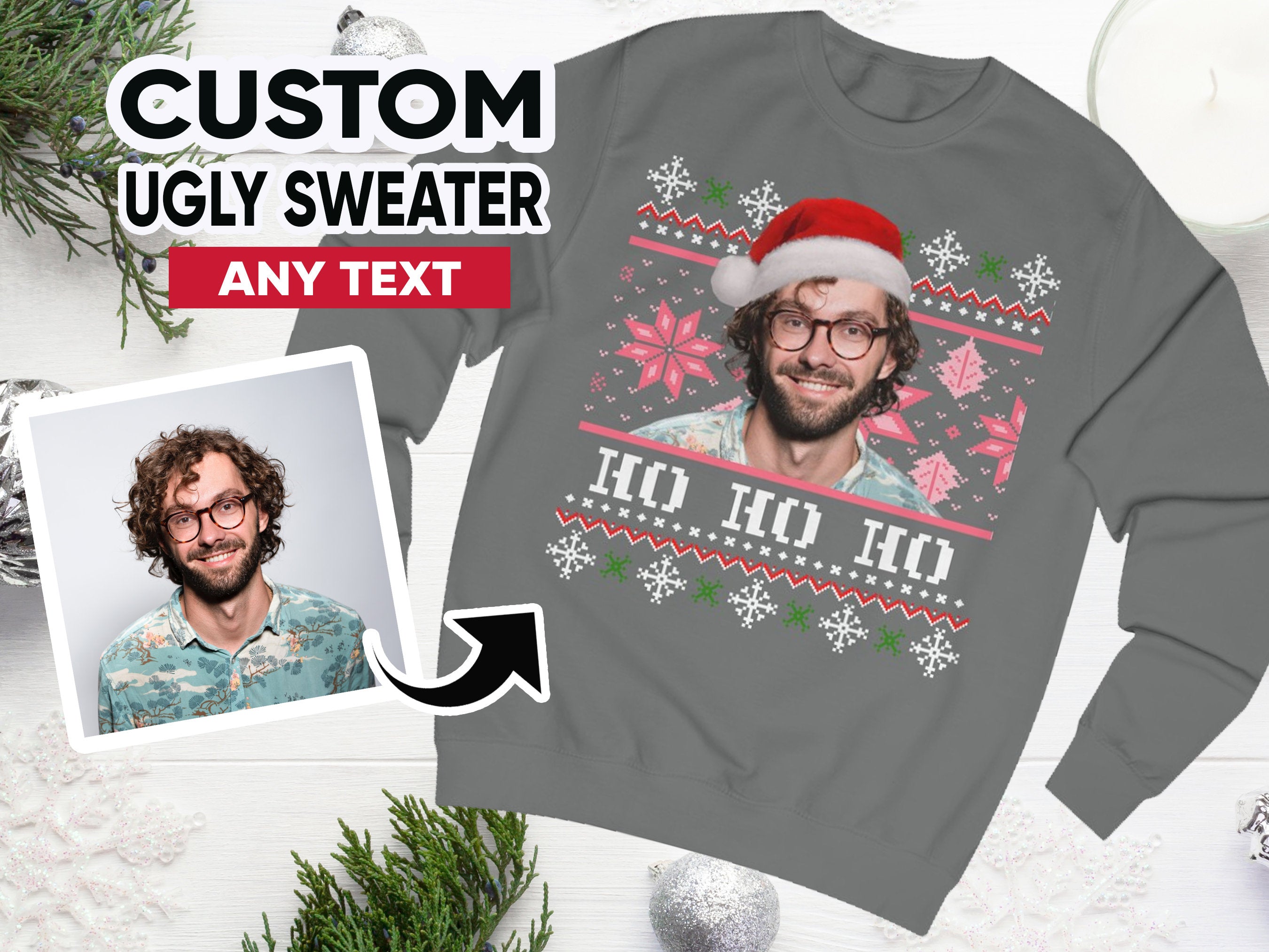 Custom Ugly Christmas Sweater, Photo Christmas Sweatshirt, Personalised Face Pullover, Santa Hat Ugly Sweatshirt, Face on Christmas Sweater-ilovevango