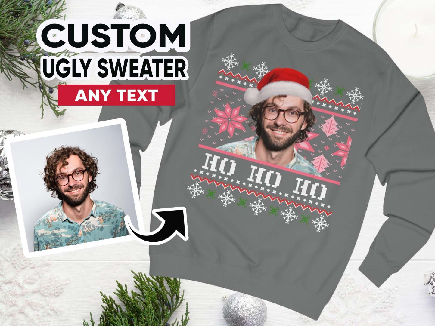 Custom Ugly Christmas Sweater, Photo Christmas Sweatshirt, Personalised Face Pullover, Santa Hat Ugly Sweatshirt, Face on Christmas Sweater-ilovevango