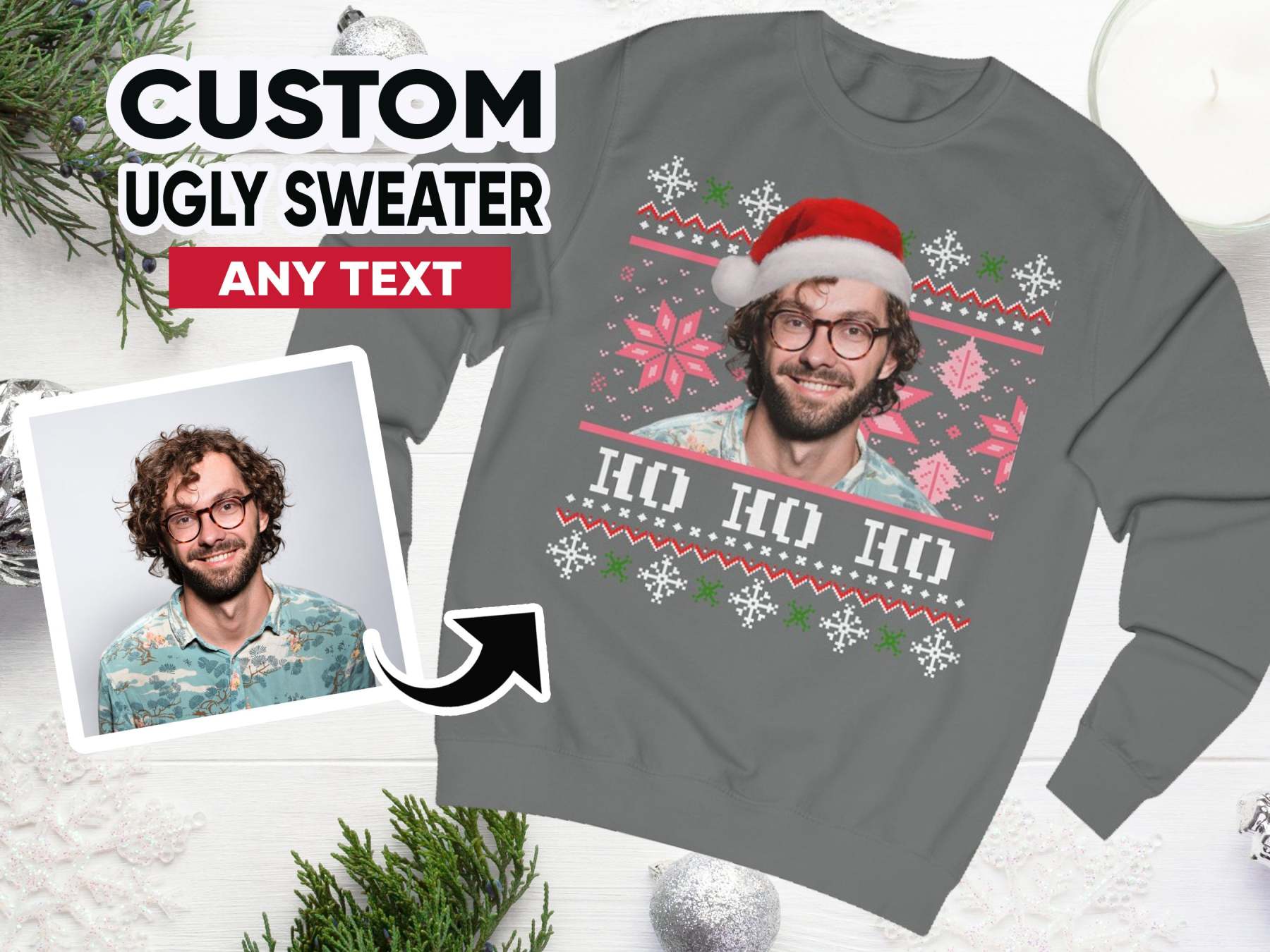 Custom Ugly Christmas Sweater, Photo Christmas Sweatshirt, Personalised Face Pullover, Santa Hat Ugly Sweatshirt, Face on Christmas Sweater-ilovevango