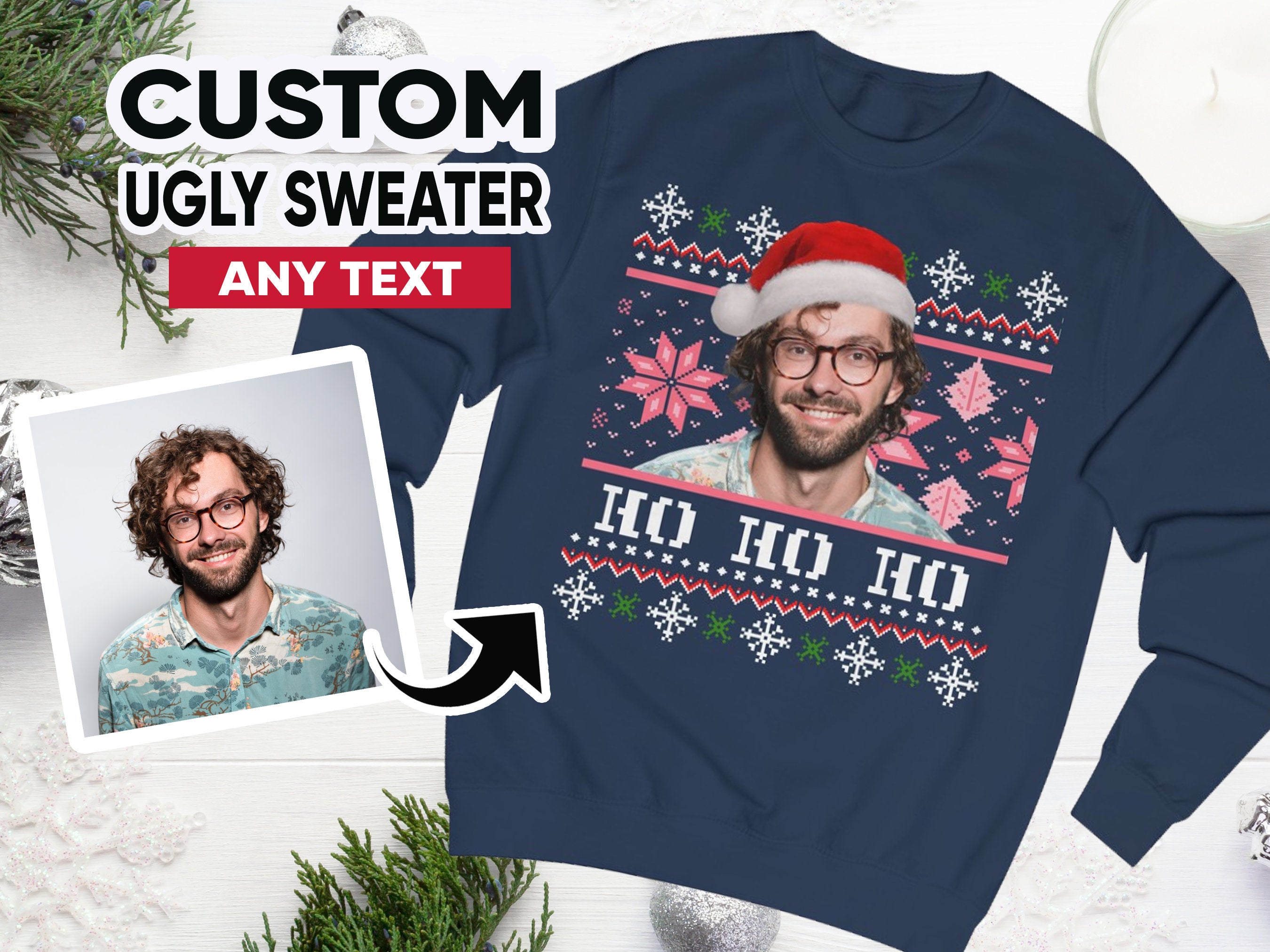 Custom Ugly Christmas Sweater, Photo Christmas Sweatshirt, Personalised Face Pullover, Santa Hat Ugly Sweatshirt, Face on Christmas Sweater-ilovevango