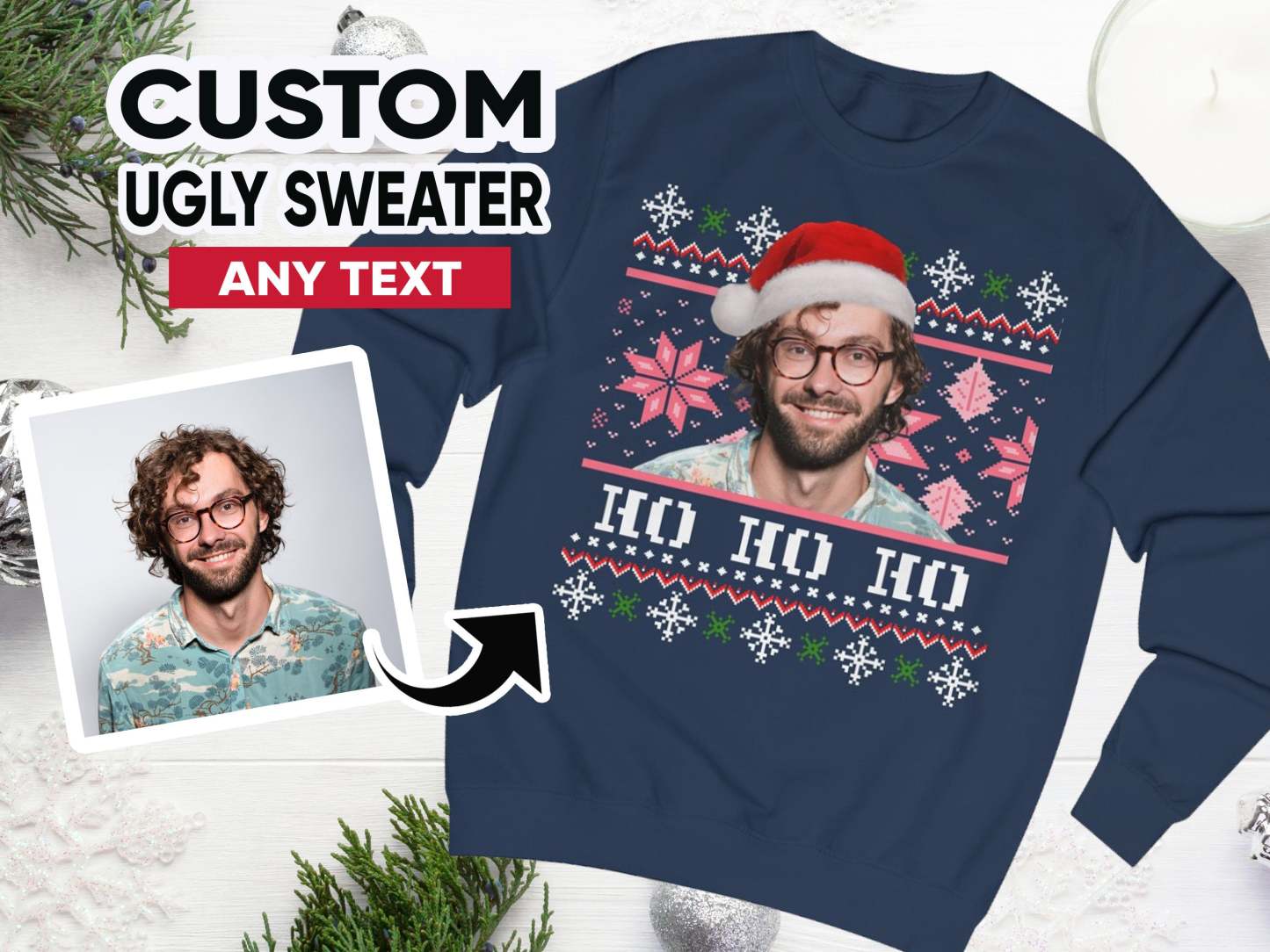 Custom Ugly Christmas Sweater, Photo Christmas Sweatshirt, Personalised Face Pullover, Santa Hat Ugly Sweatshirt, Face on Christmas Sweater-ilovevango