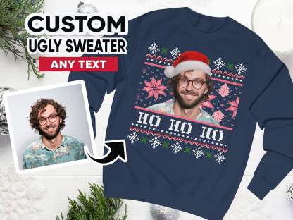 Custom Ugly Christmas Sweater, Photo Christmas Sweatshirt, Personalised Face Pullover, Santa Hat Ugly Sweatshirt, Face on Christmas Sweater-ilovevango
