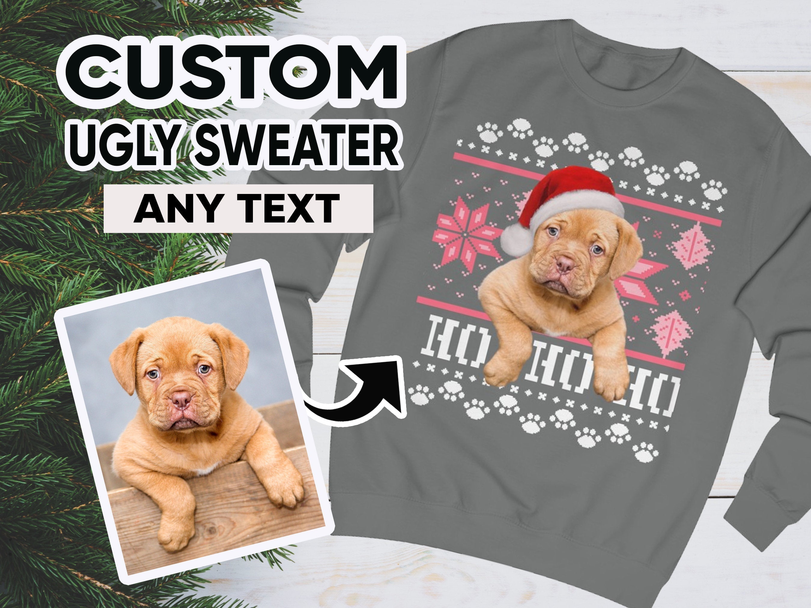 Ugly Christmas Sweatshirt, Custom Dog Ugly Sweater for Christmas, Santa Dog on Christmas Sweater, Personalised Face Pullover, Santa Hat Dog-ilovevango