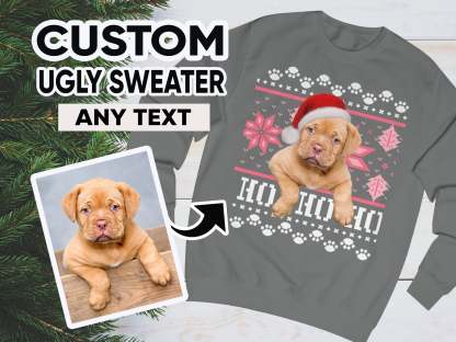 Ugly Christmas Sweatshirt, Custom Dog Ugly Sweater for Christmas, Santa Dog on Christmas Sweater, Personalised Face Pullover, Santa Hat Dog-ilovevango