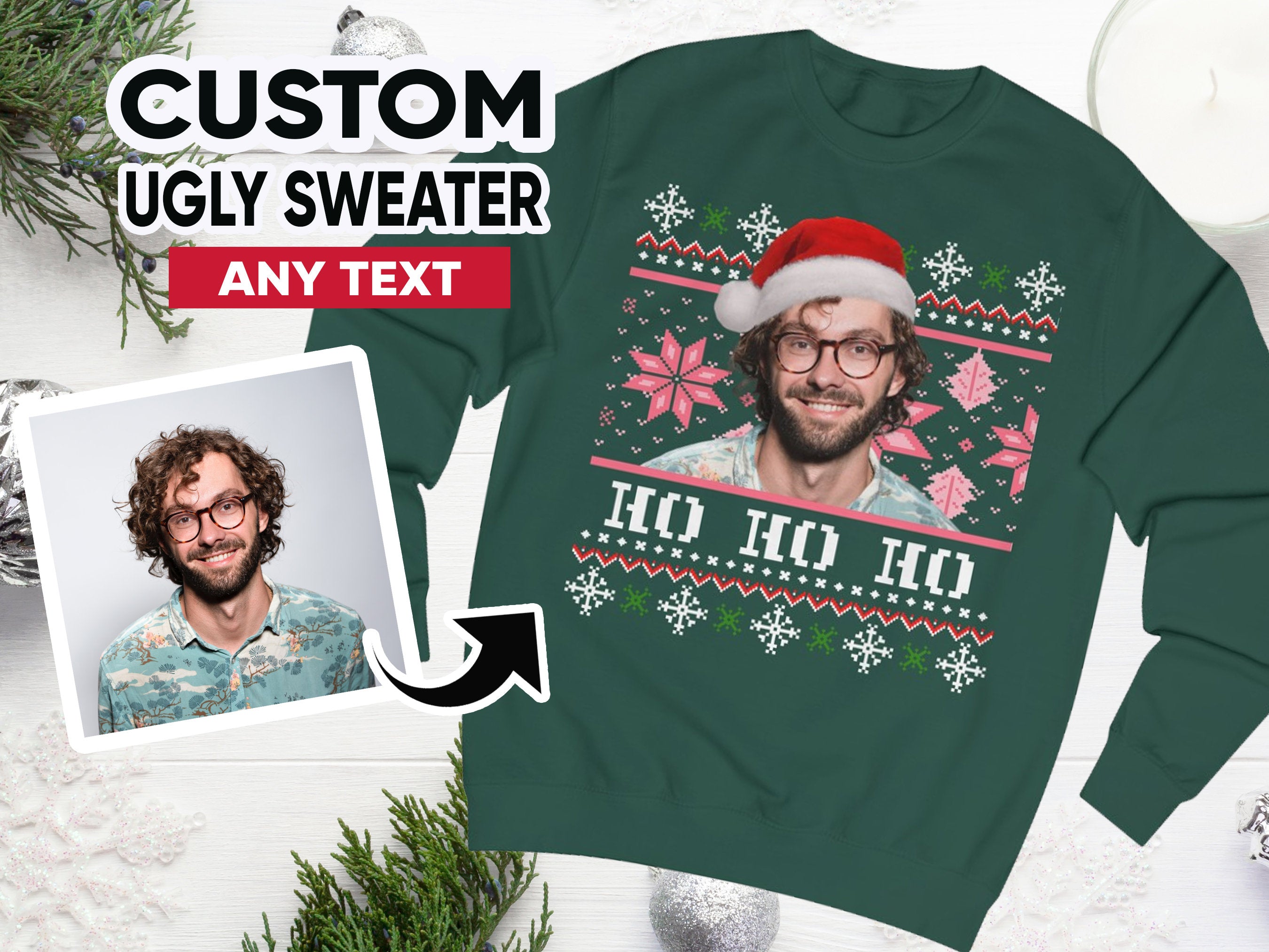 Custom Ugly Christmas Sweater, Photo Christmas Sweatshirt, Personalised Face Pullover, Santa Hat Ugly Sweatshirt, Face on Christmas Sweater-ilovevango