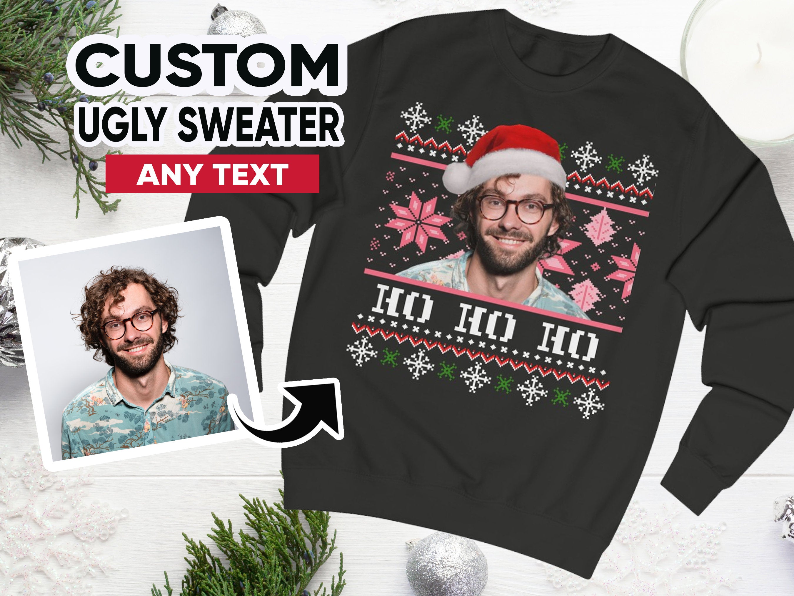 Custom Ugly Christmas Sweater, Photo Christmas Sweatshirt, Personalised Face Pullover, Santa Hat Ugly Sweatshirt, Face on Christmas Sweater-ilovevango
