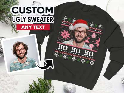 Custom Ugly Christmas Sweater, Photo Christmas Sweatshirt, Personalised Face Pullover, Santa Hat Ugly Sweatshirt, Face on Christmas Sweater-ilovevango