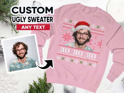 Custom Ugly Christmas Sweater, Photo Christmas Sweatshirt, Personalised Face Pullover, Santa Hat Ugly Sweatshirt, Face on Christmas Sweater-ilovevango