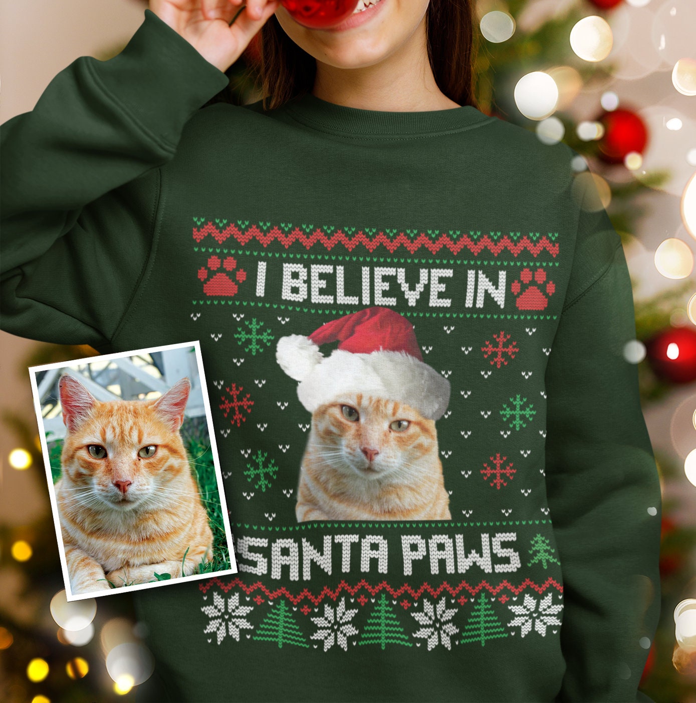 Pet owner I believe in Santa Paws cutomised Christmas holiday jumpers sweaters sweatshirts. Dog cat rabbit face photo. For men women kids-ilovevango