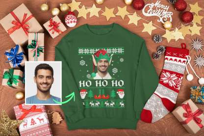 Elf Costume Ugly Christmas Sweater, Custom Face Sweatshirt for Christmas, Custom Elf Hat Sweatshirt Ugly Christmas Sweater with Picture-ilovevango