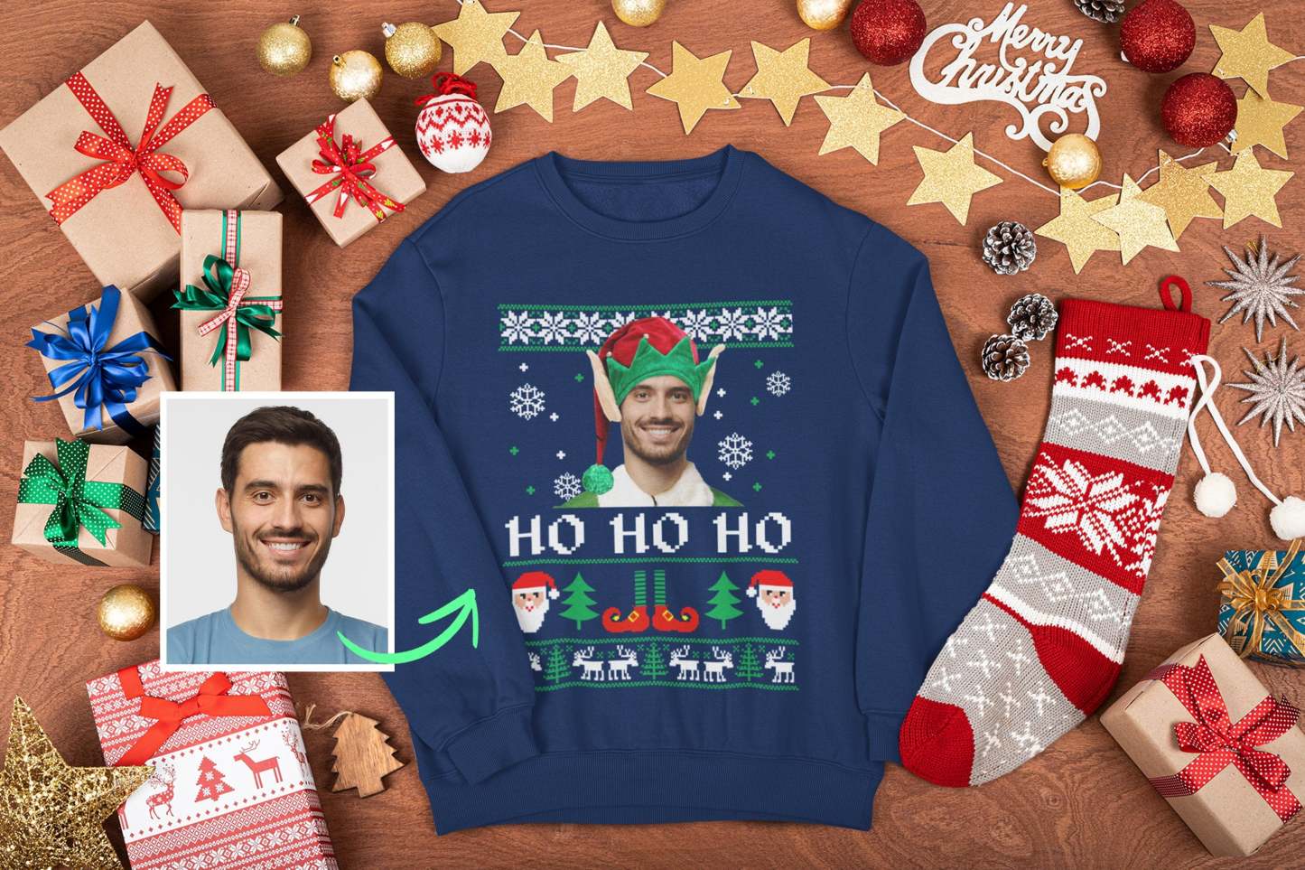 Elf Costume Ugly Christmas Sweater, Custom Face Sweatshirt for Christmas, Custom Elf Hat Sweatshirt Ugly Christmas Sweater with Picture-ilovevango