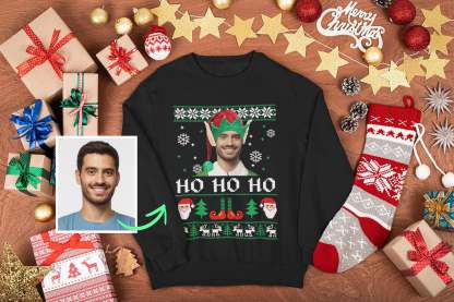 Elf Costume Ugly Christmas Sweater, Custom Face Sweatshirt for Christmas, Custom Elf Hat Sweatshirt Ugly Christmas Sweater with Picture-ilovevango