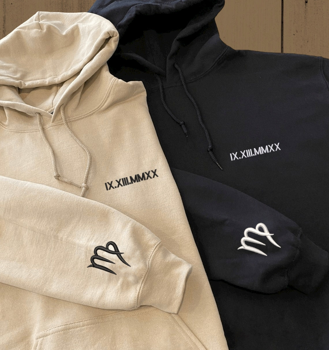Hoodie | Custom Embroidered Roman Numeral Date + Zodiac Sign on Sleeves | Couple's Hoodie | Engagement Hoodie-ilovevango