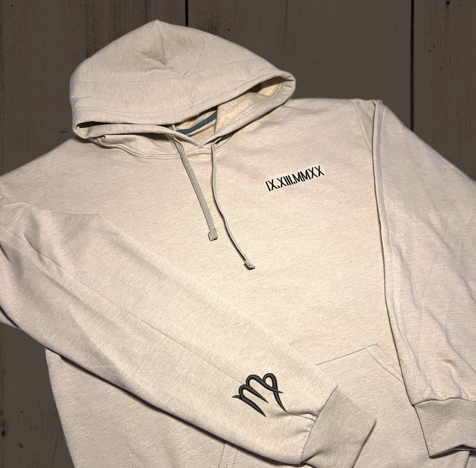 Hoodie | Custom Embroidered Roman Numeral Date + Zodiac Sign on Sleeves | Couple's Hoodie | Engagement Hoodie-ilovevango