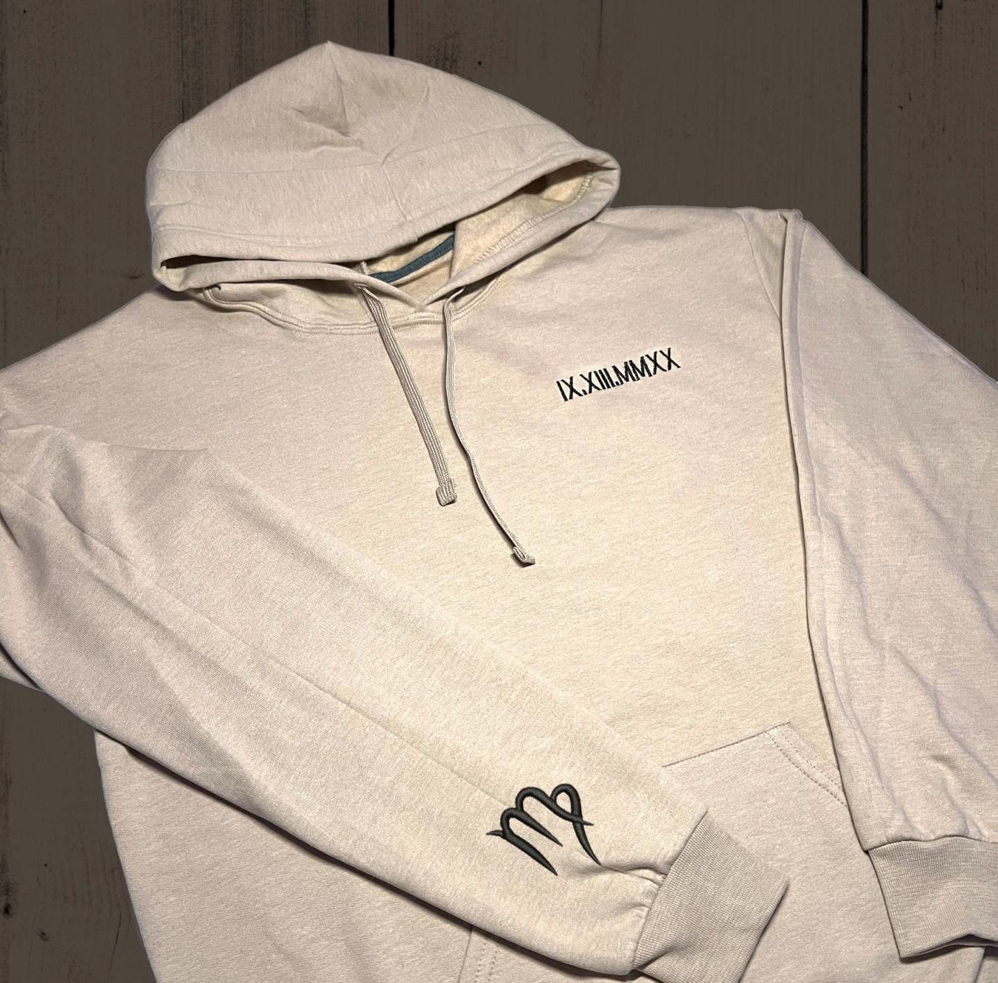 Hoodie | Custom Embroidered Roman Numeral Date + Zodiac Sign on Sleeves | Couple's Hoodie | Engagement Hoodie-ilovevango