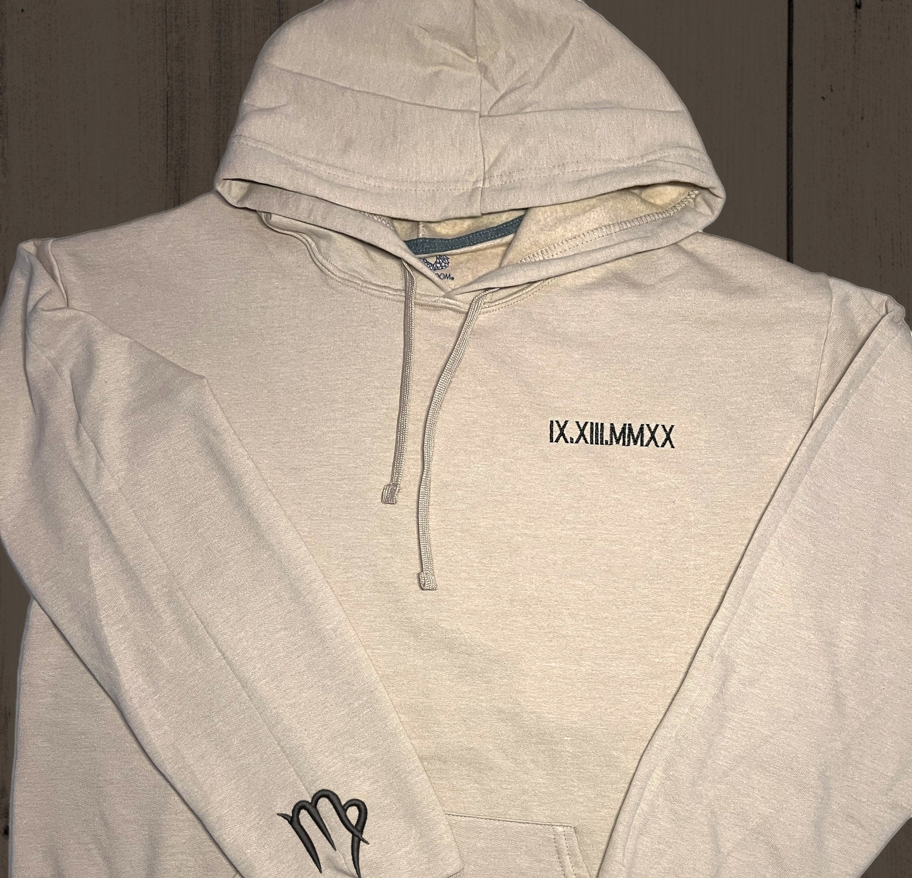 Hoodie | Custom Embroidered Roman Numeral Date + Zodiac Sign on Sleeves | Couple's Hoodie | Engagement Hoodie-ilovevango
