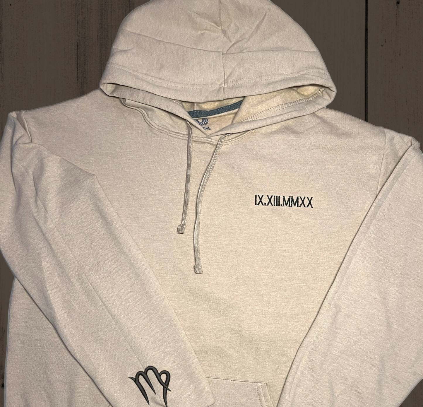 Hoodie | Custom Embroidered Roman Numeral Date + Zodiac Sign on Sleeves | Couple's Hoodie | Engagement Hoodie-ilovevango