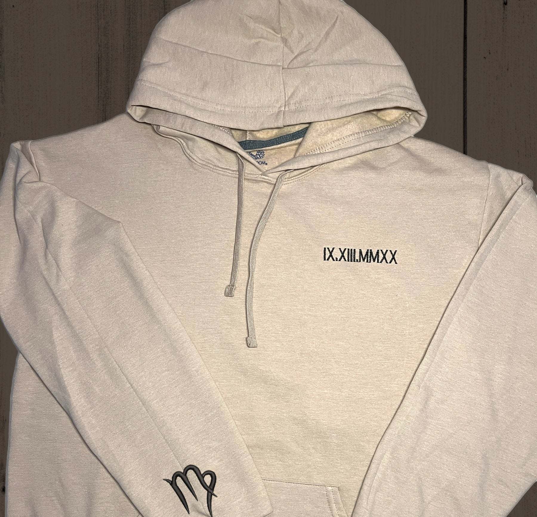 Hoodie | Custom Embroidered Roman Numeral Date + Zodiac Sign on Sleeves | Couple's Hoodie | Engagement Hoodie-ilovevango