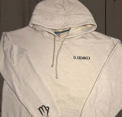 Hoodie | Custom Embroidered Roman Numeral Date + Zodiac Sign on Sleeves | Couple's Hoodie | Engagement Hoodie-ilovevango