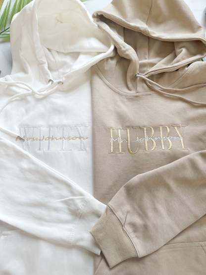 Custom Embroidered Anniversary Sweatshirt Hoodie, Embroidery Wifey Hubby Couple Hoodie Sweatshirt, Custom last name Sweatshirt-ilovevango