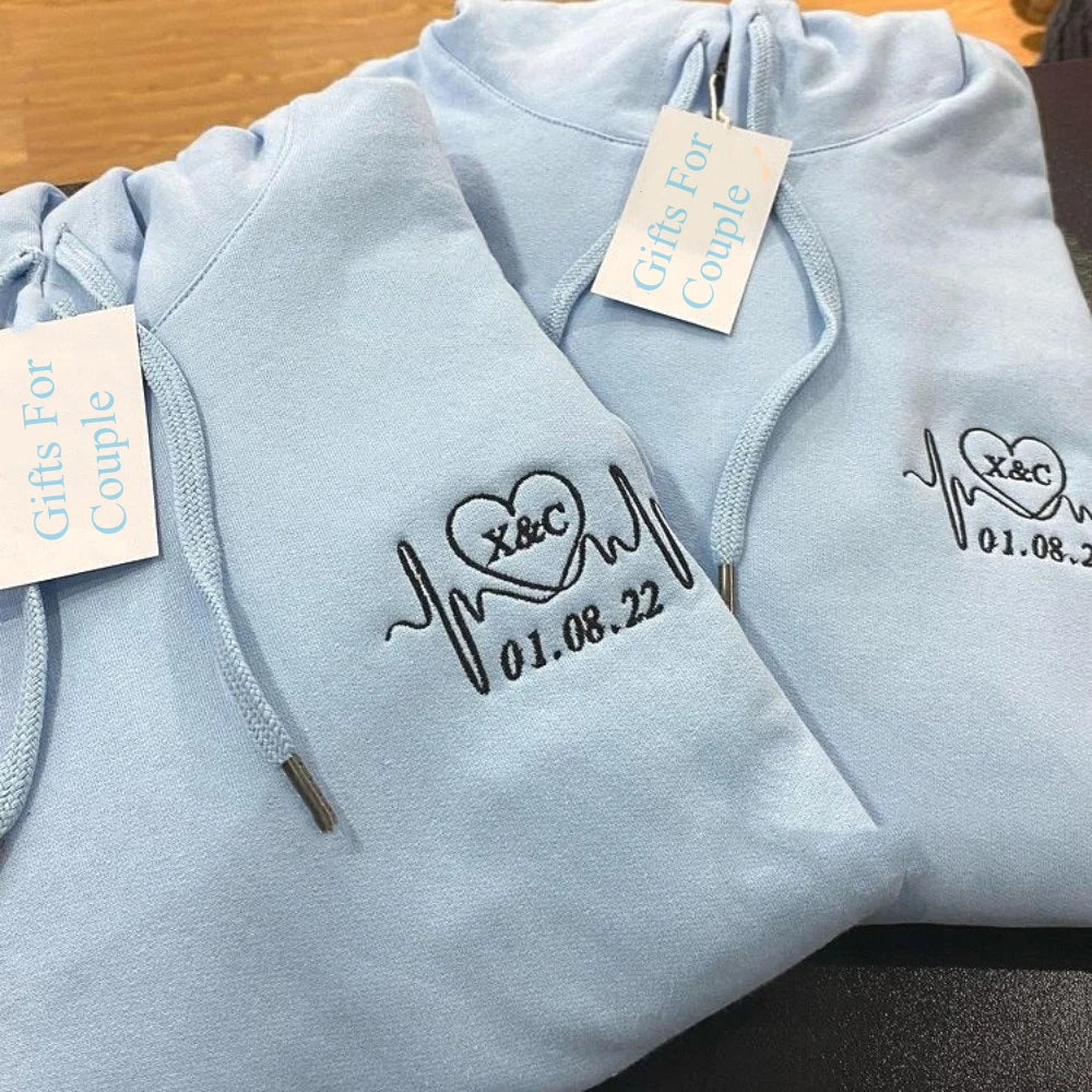 Embroidered Anniversary Date Couples Sweatshirt With Heartbeat, Date And Initial, Heart Embroidered Crewneck, Couple Sweatshirt Embroidered-ilovevango