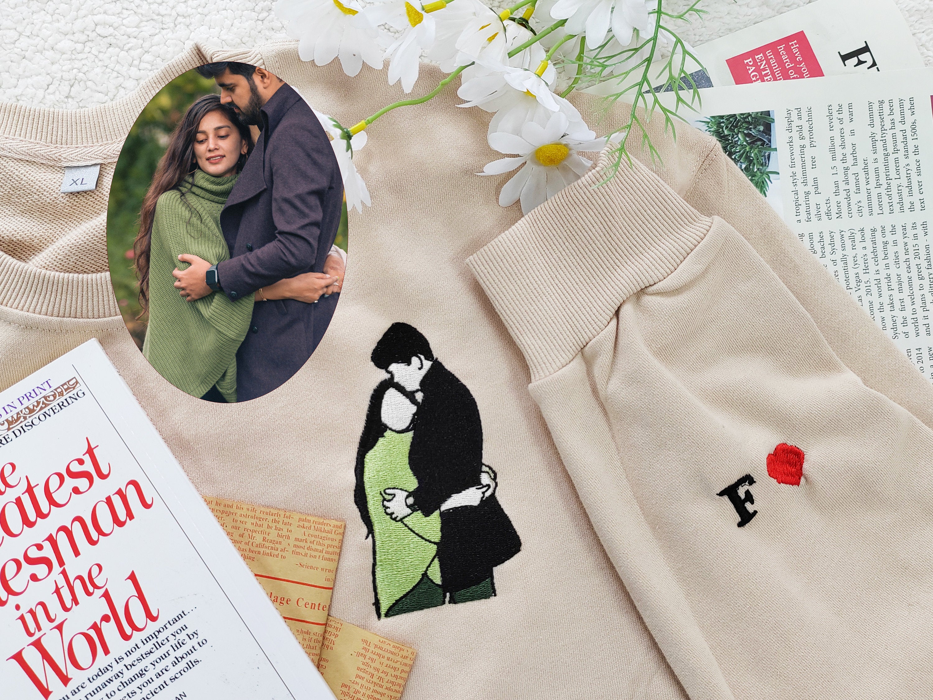 Custom personalized Photo Portrait embroidered sweatshirt,Couple Hoodie,Line art photo Sweatshirt,Gift for her-ilovevango