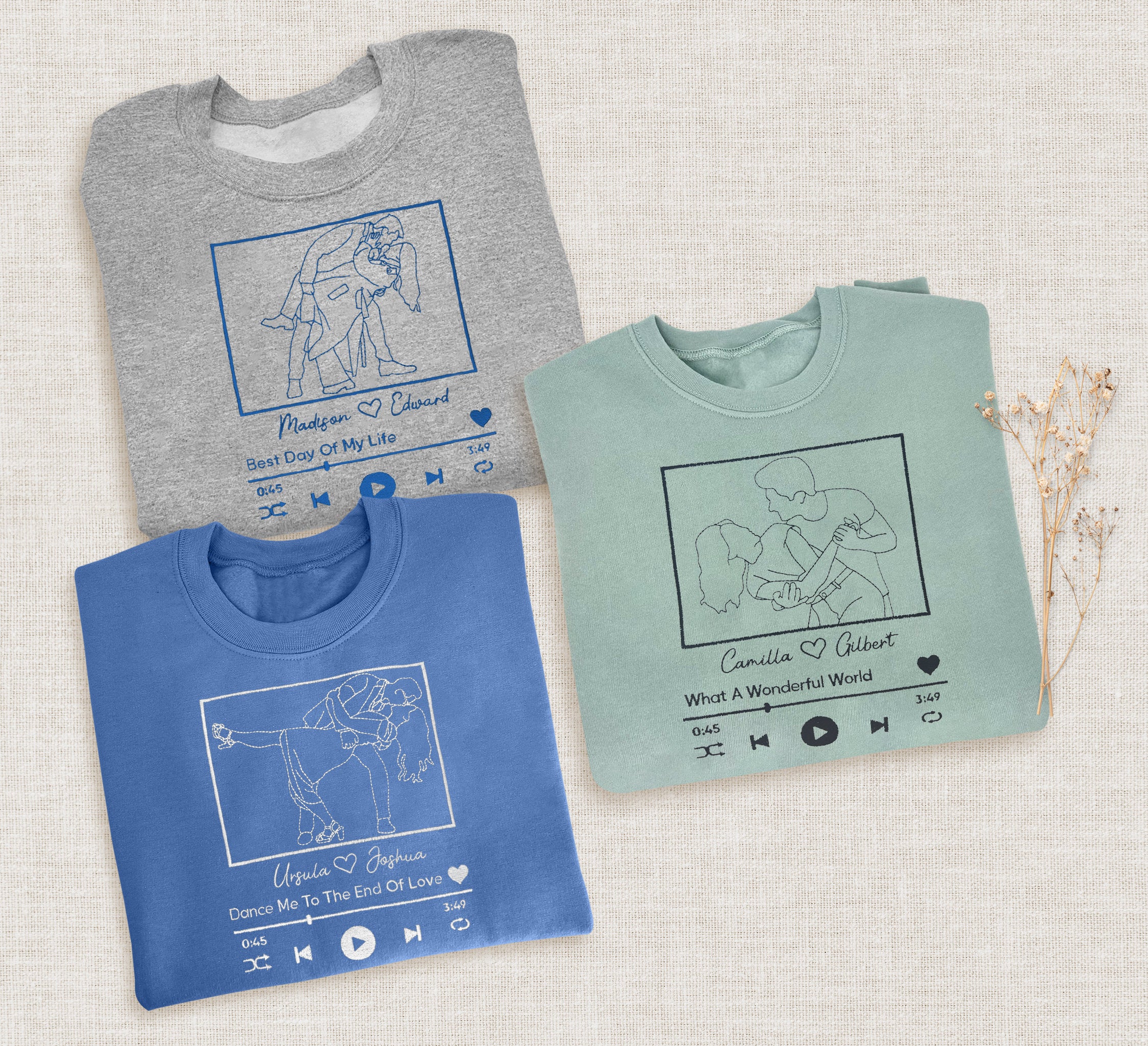 Custom Embroidered Portrait Sweatshirt With Song, Embroidered Outline Photo Sweatshirt, Personalized Couple Hoodies, Portrait From Photo-ilovevango