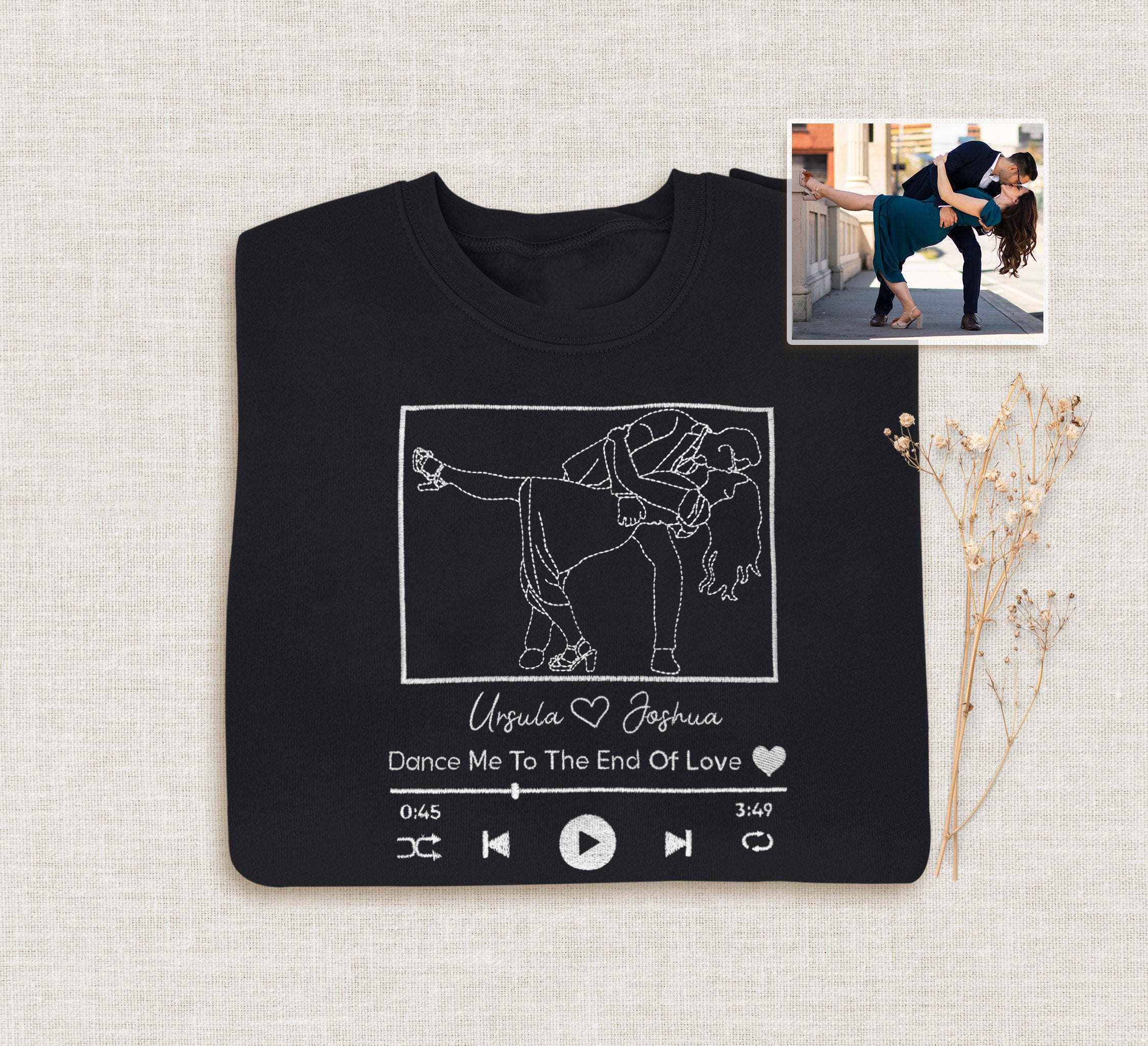 Custom Embroidered Portrait Sweatshirt With Song, Embroidered Outline Photo Sweatshirt, Personalized Couple Hoodies, Portrait From Photo-ilovevango