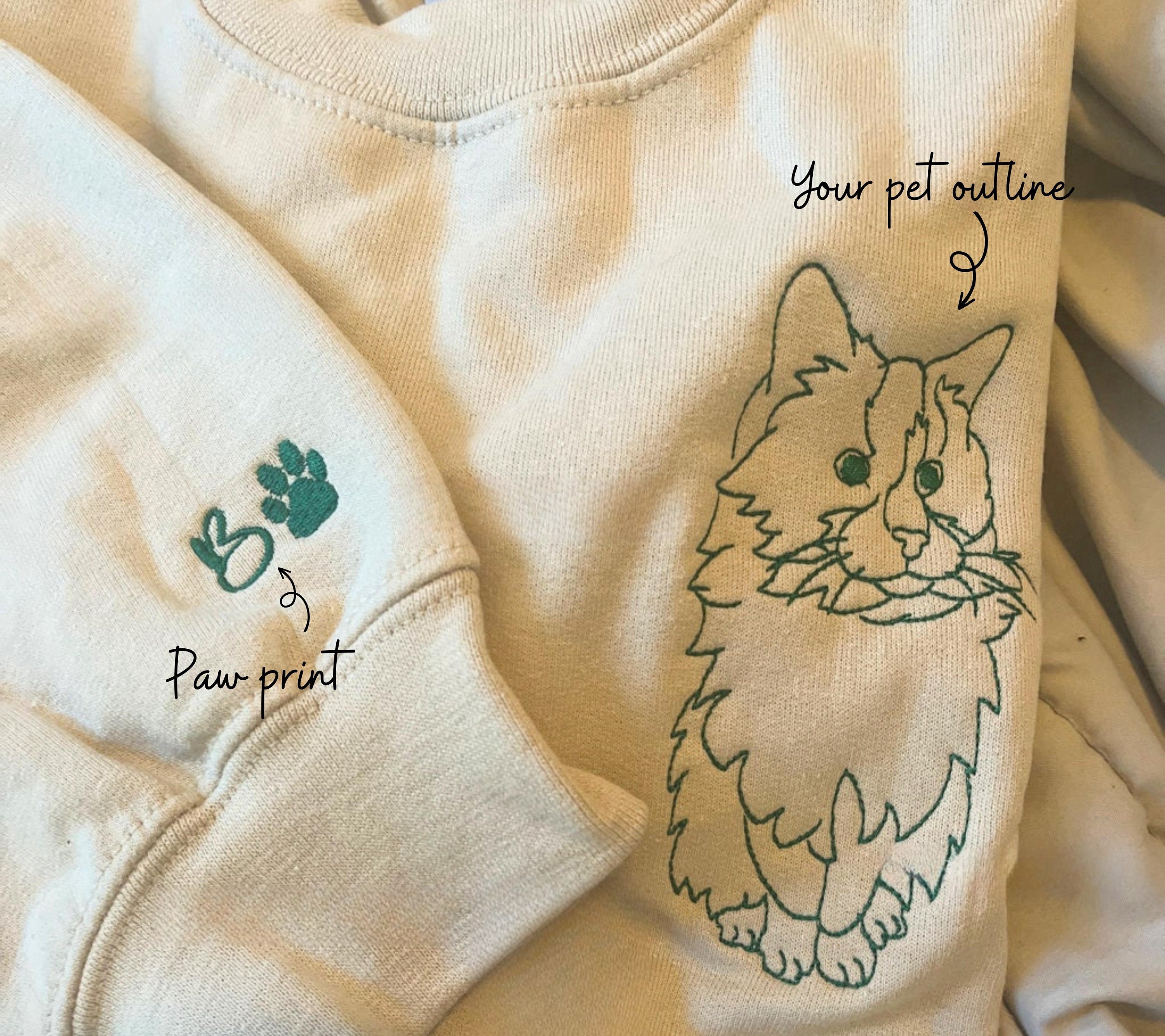 Custom EMBROIDERED Pet Sweatshirt using Pet Photo, Paw Print on the Sleeve, Pet Portrait Sweatshirt, Dog Mom Sweatshirt for Mother Day Gift-ilovevango