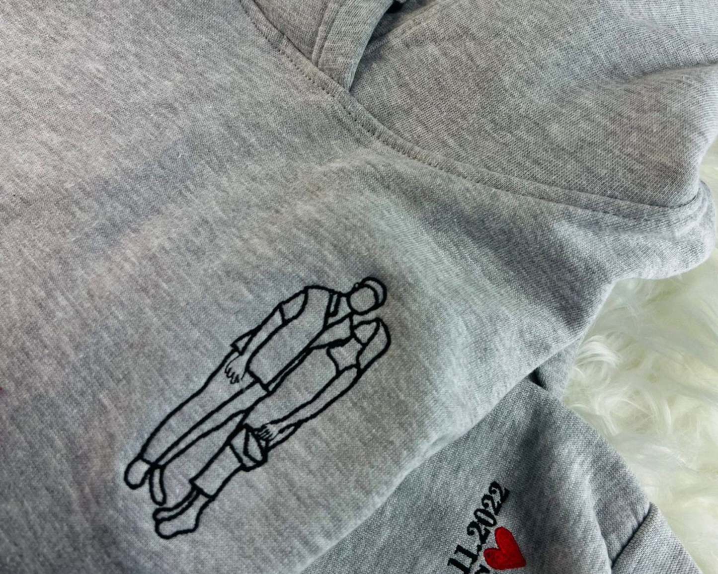 Custom Photo Embroidered Hoodie, Personalised Couple Sketch from Photo Unisex Hoodie, 1st Anniversary Special Date Initial Matching Jumper-ilovevango