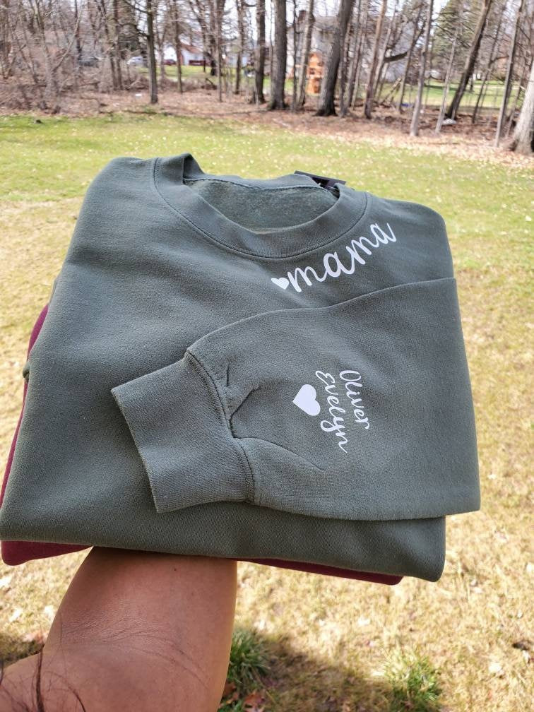 Mama Sweatshirt With Name Sleeve, Personalized Sweatshirt, Mom, Mama Sweatshirt, Mama Sweatshirt With Kid Name, Mama Sweatshirt With Names-ilovevango