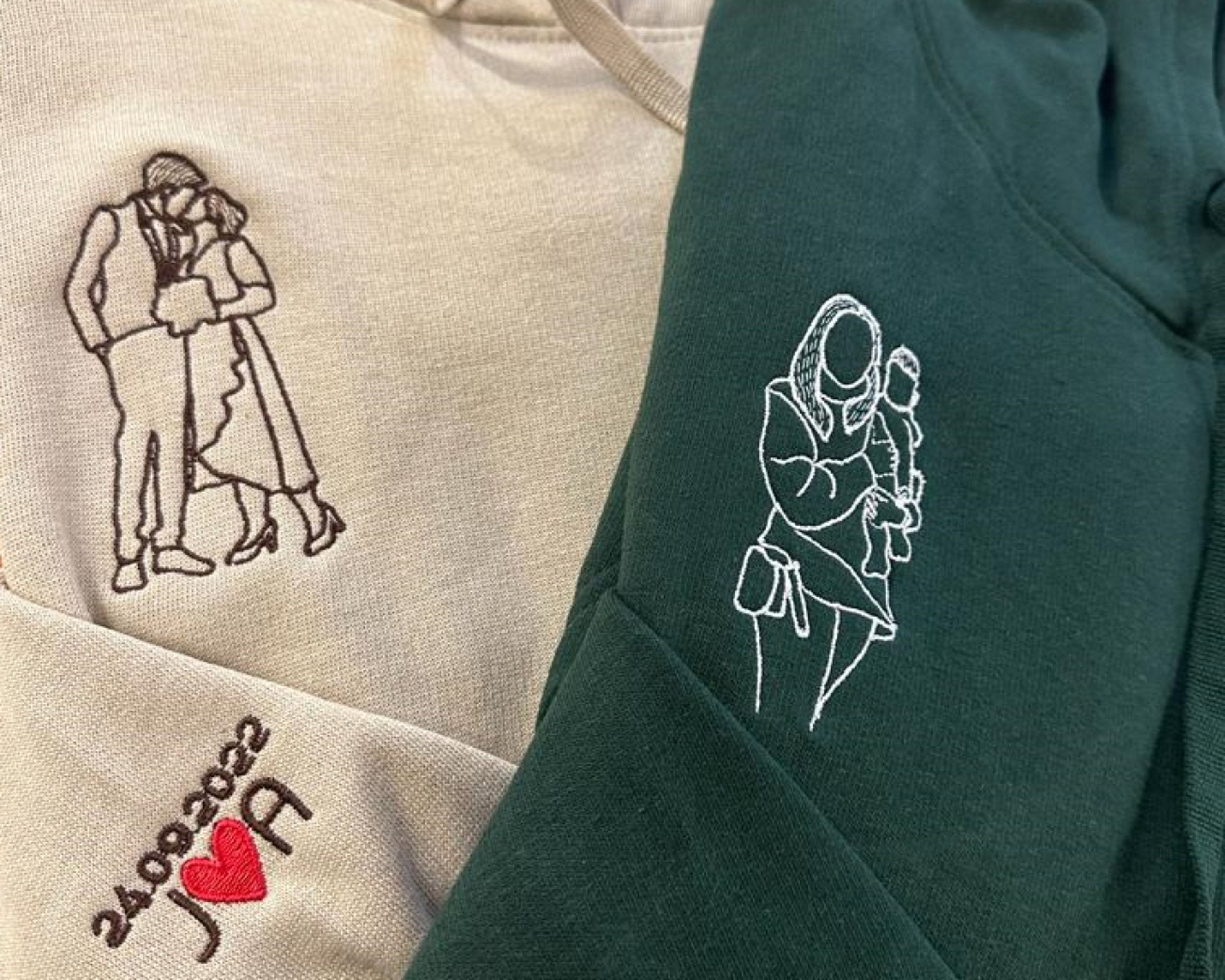 Custom Photo Embroidered Hoodie, Personalised Couple Sketch from Photo Unisex Hoodie, 1st Anniversary Special Date Initial Matching Jumper-ilovevango