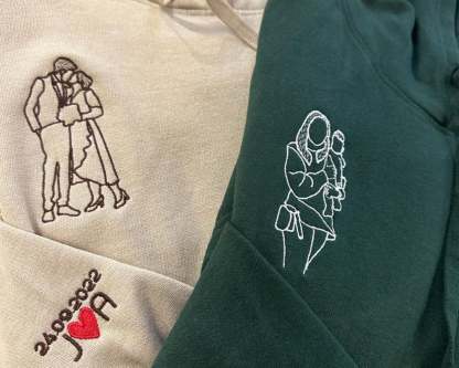 Custom Photo Embroidered Hoodie, Personalised Couple Sketch from Photo Unisex Hoodie, 1st Anniversary Special Date Initial Matching Jumper-ilovevango