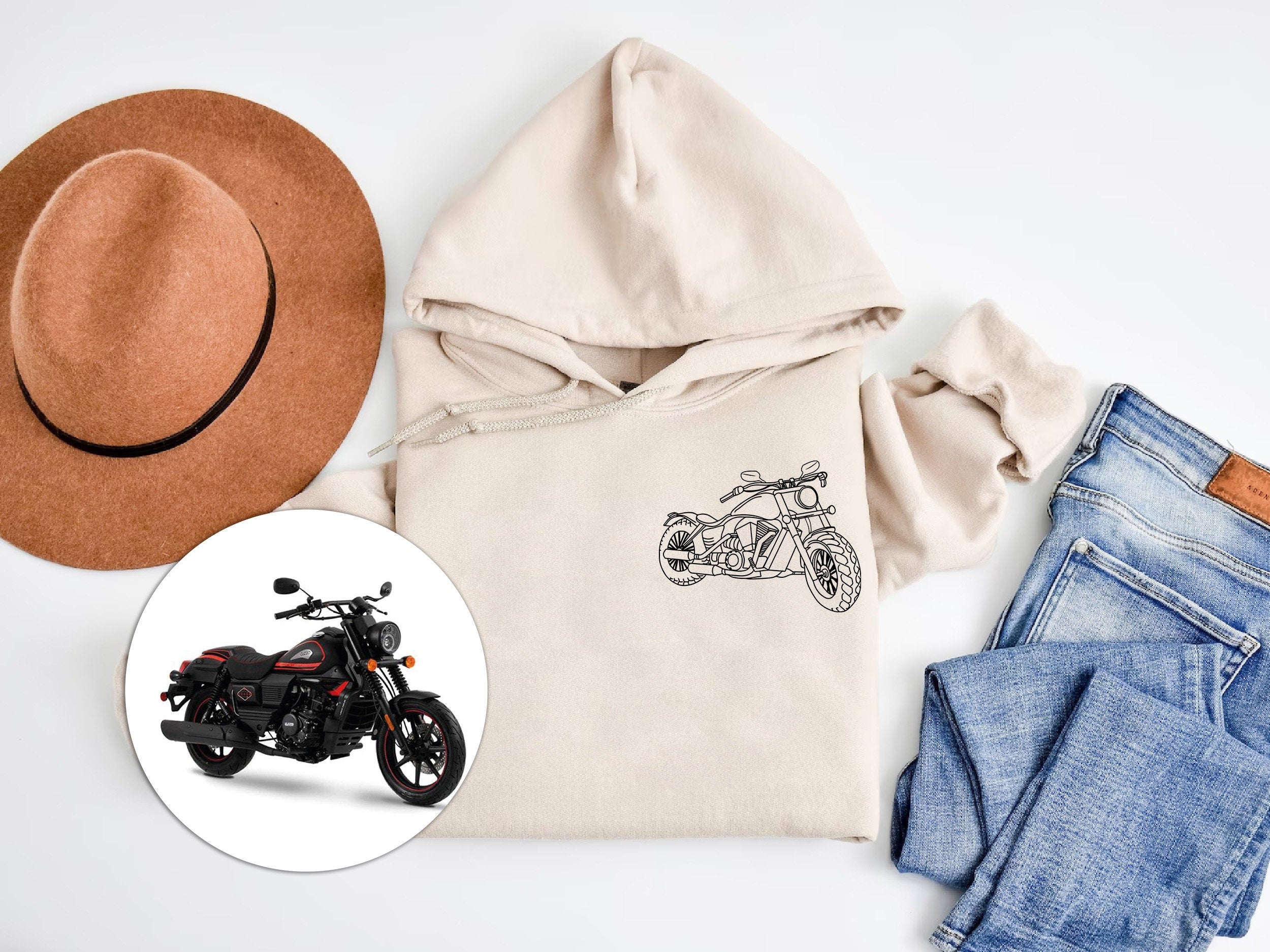 Photo Portrait Hoodie, Print Pocket Size Portrait Outline Motorcycle Hoodie, Custom Line Art Gift For Bikers-ilovevango